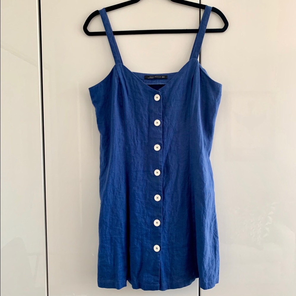 🧿NWOT🧿 Zara Buttoned Blue Linen Tank Mini Dress